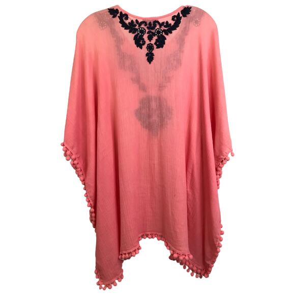 Letarte Handmade Cover Up Womens S Salmon Pink Embroidered Floral Beach Pompom - Picture 3 of 10